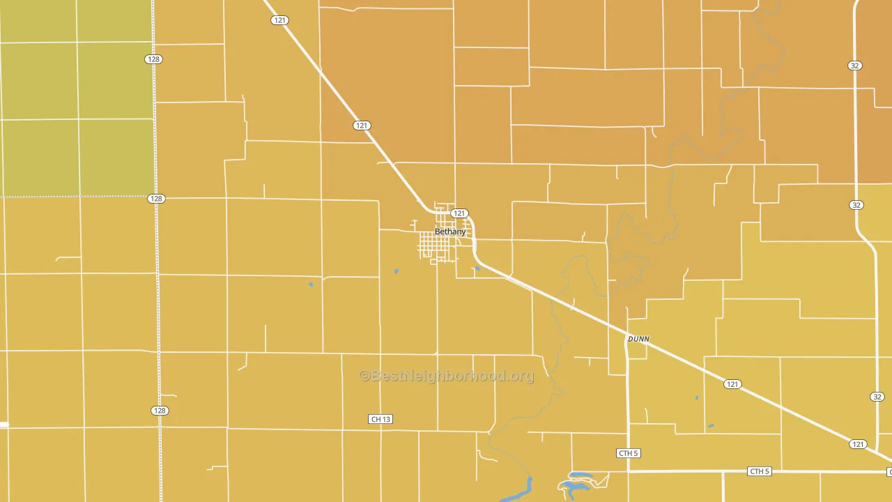 Map of the best neighborhoods in the 61914 area, with better matches in green and worse matches in red