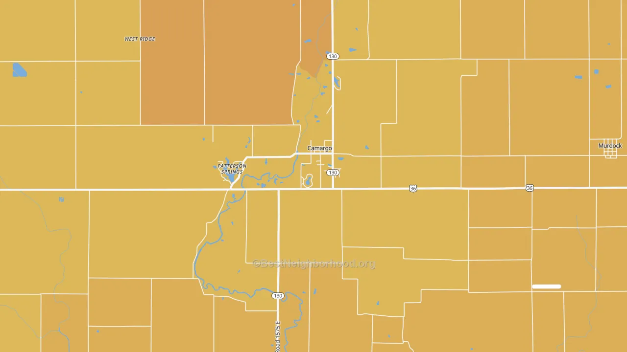 Map of the best neighborhoods in the 61919 area, with better matches in green and worse matches in red