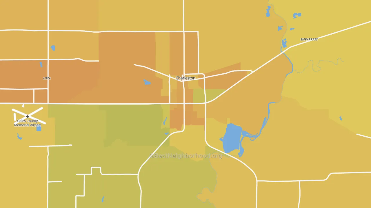 Map of the best neighborhoods in the 61920 area, with better matches in green and worse matches in red