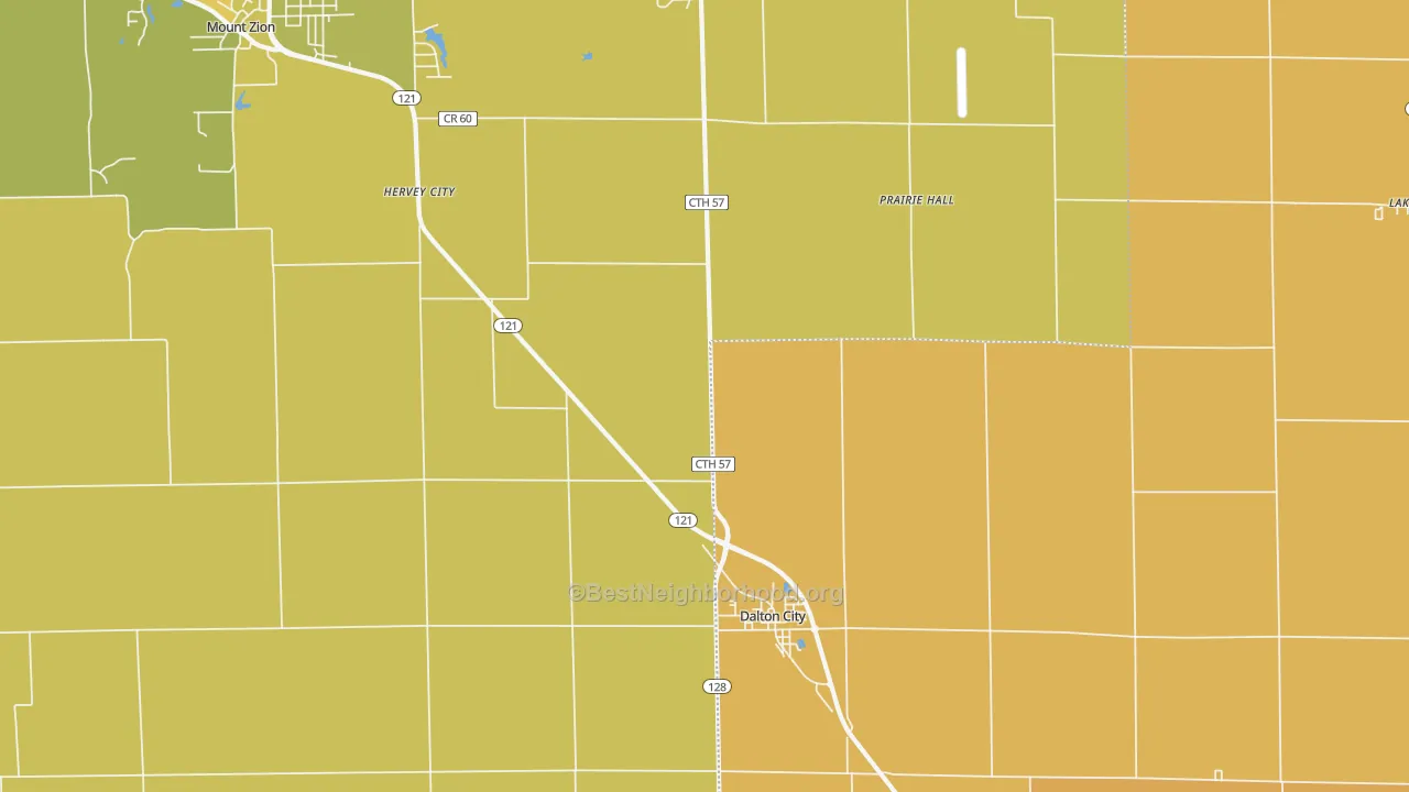 Map of the best neighborhoods in the 61925 area, with better matches in green and worse matches in red