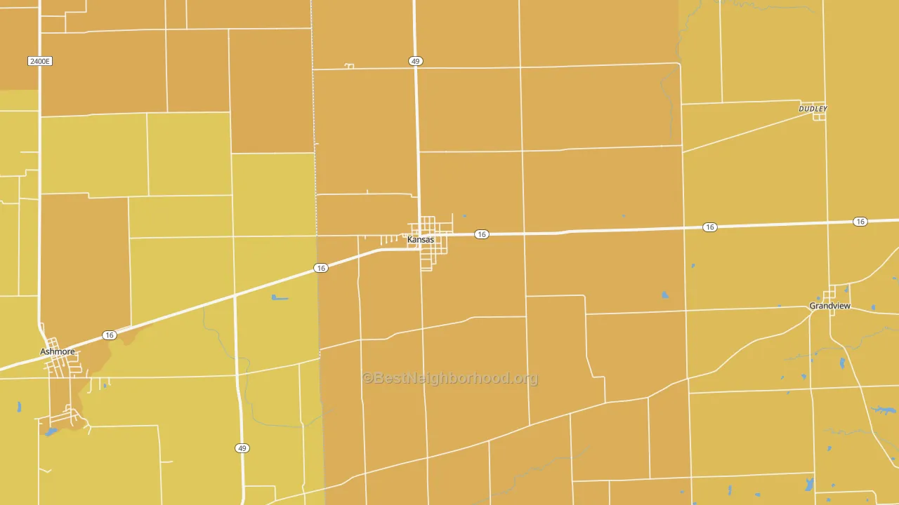 Map of the best neighborhoods in the 61933 area, with better matches in green and worse matches in red