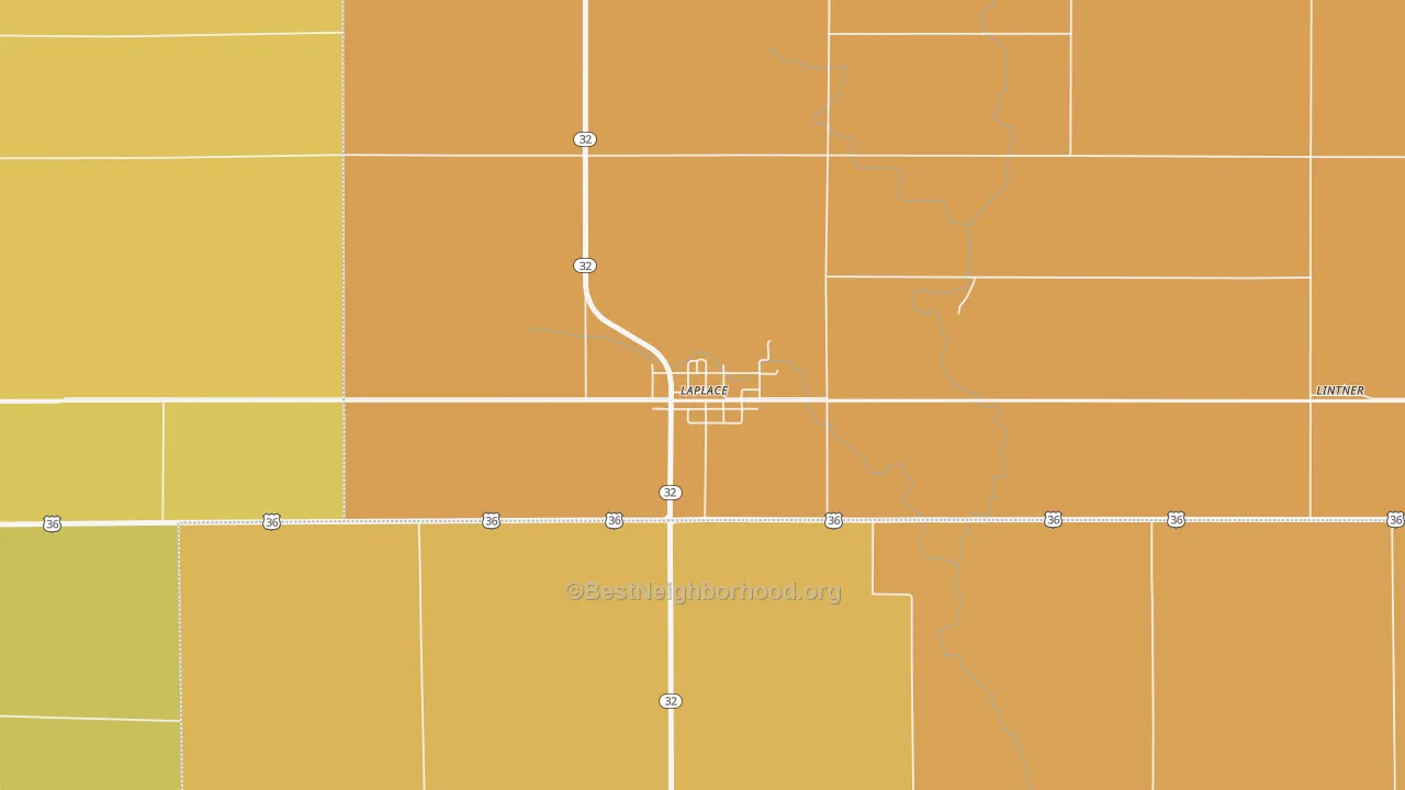 Map of the best neighborhoods in the 61936 area, with better matches in green and worse matches in red