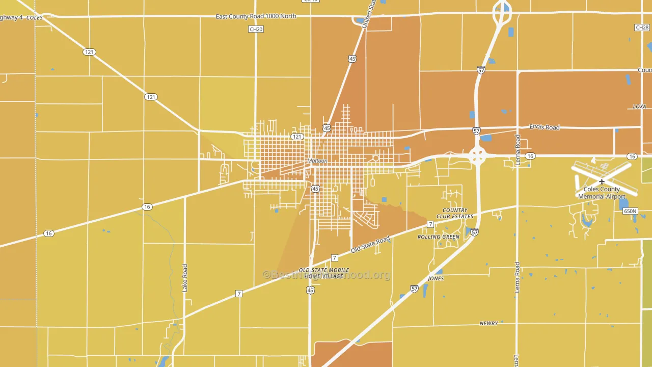 Map of the best neighborhoods in the 61938 area, with better matches in green and worse matches in red