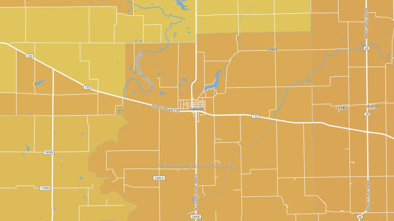 Map of the best neighborhoods in the 61943 area, with better matches in green and worse matches in red