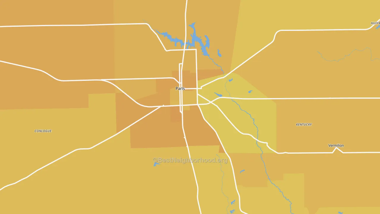 Map of the best neighborhoods in the 61944 area, with better matches in green and worse matches in red