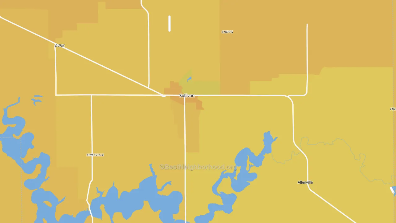 Map of the best neighborhoods in the 61951 area, with better matches in green and worse matches in red