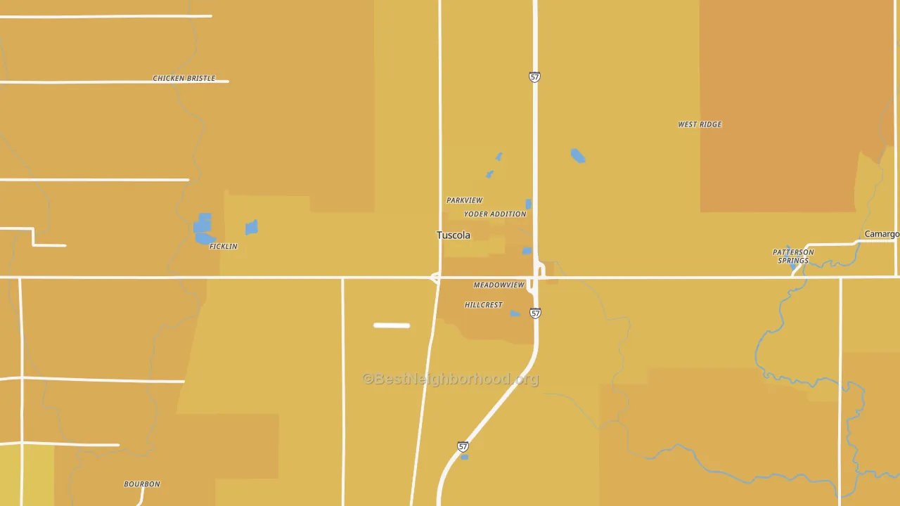 Map of the best neighborhoods in the 61953 area, with better matches in green and worse matches in red