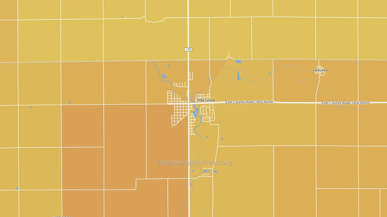 Map of the best neighborhoods in the 61956 area, with better matches in green and worse matches in red