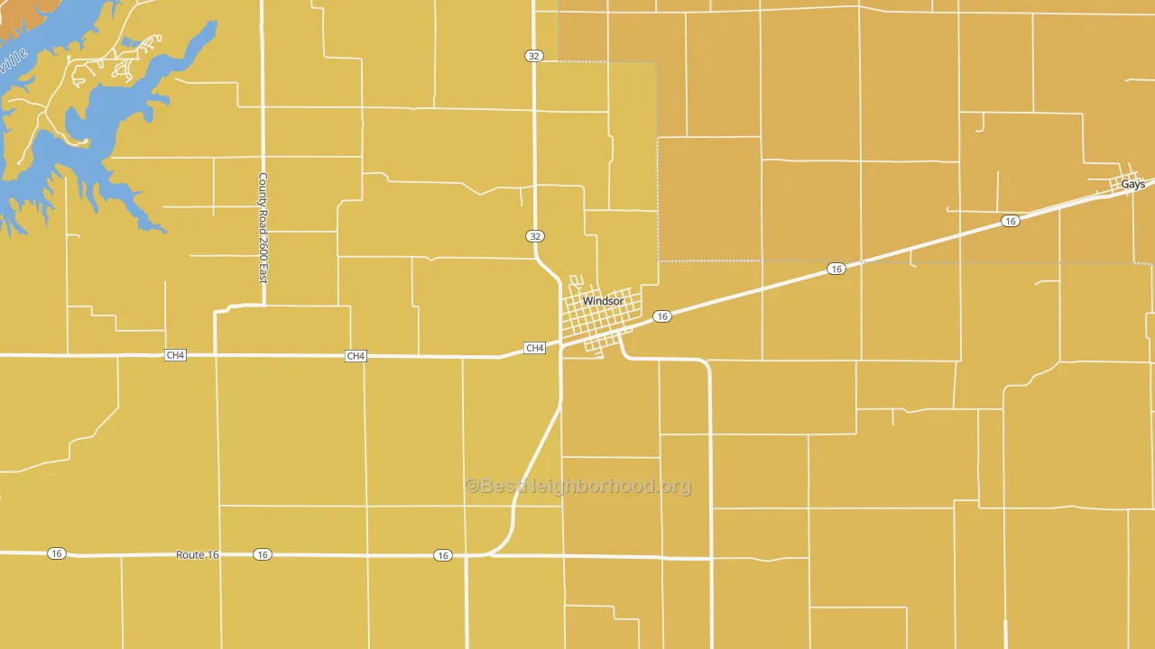 Map of the best neighborhoods in the 61957 area, with better matches in green and worse matches in red