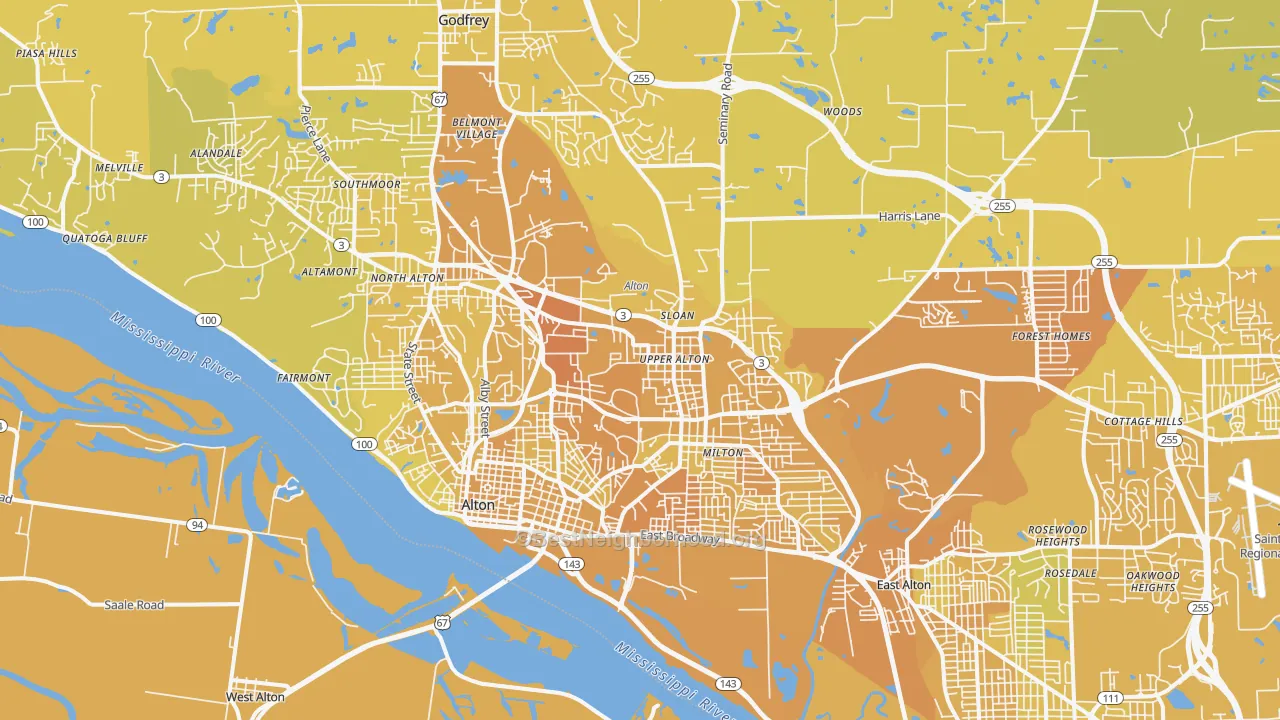 Map of the best neighborhoods in the 62002 area, with better matches in green and worse matches in red