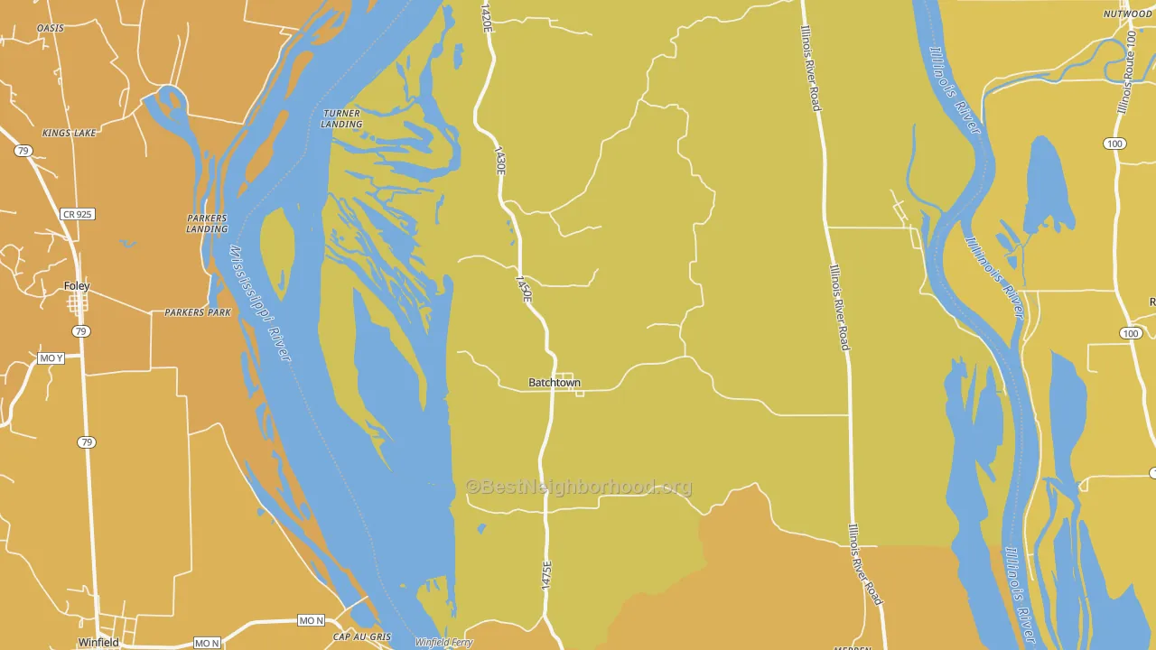 Map of the best neighborhoods in the 62006 area, with better matches in green and worse matches in red