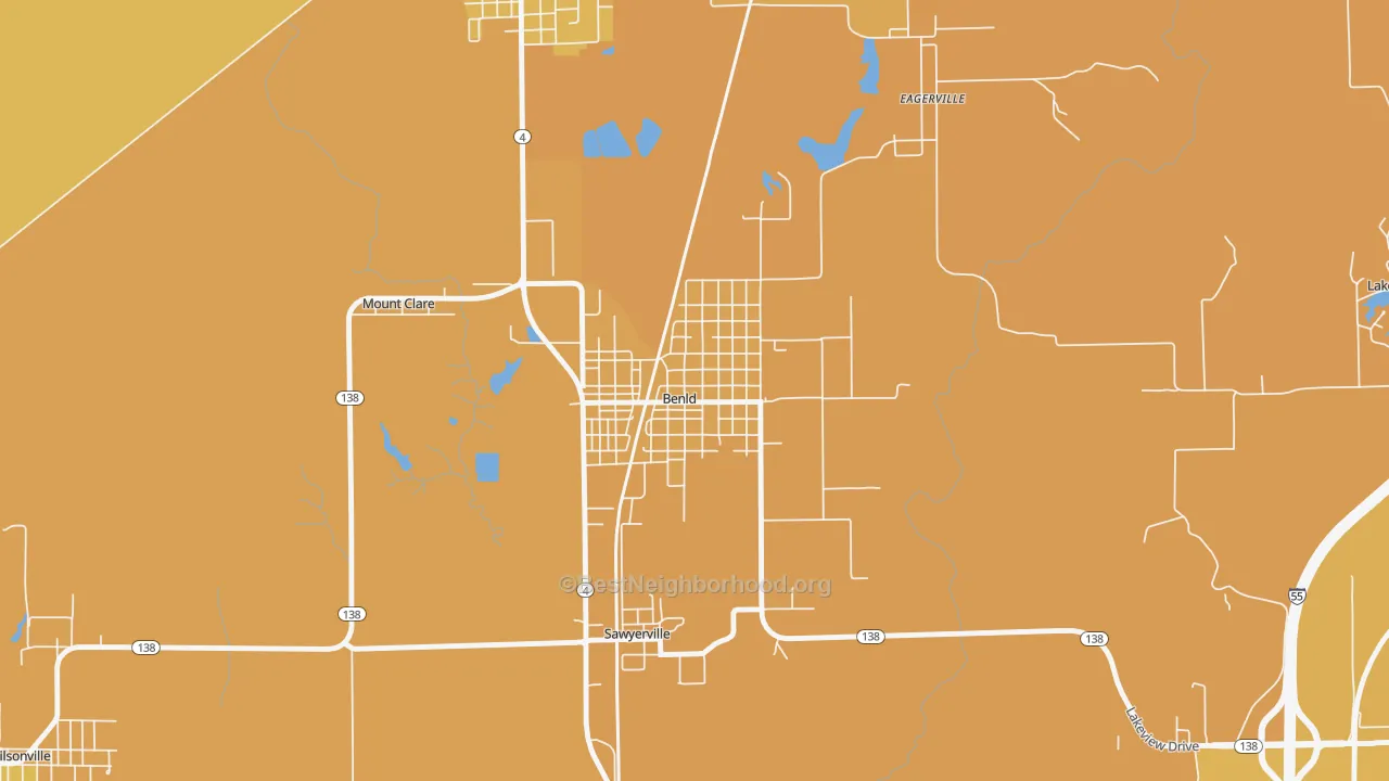 Map of the best neighborhoods in the 62009 area, with better matches in green and worse matches in red
