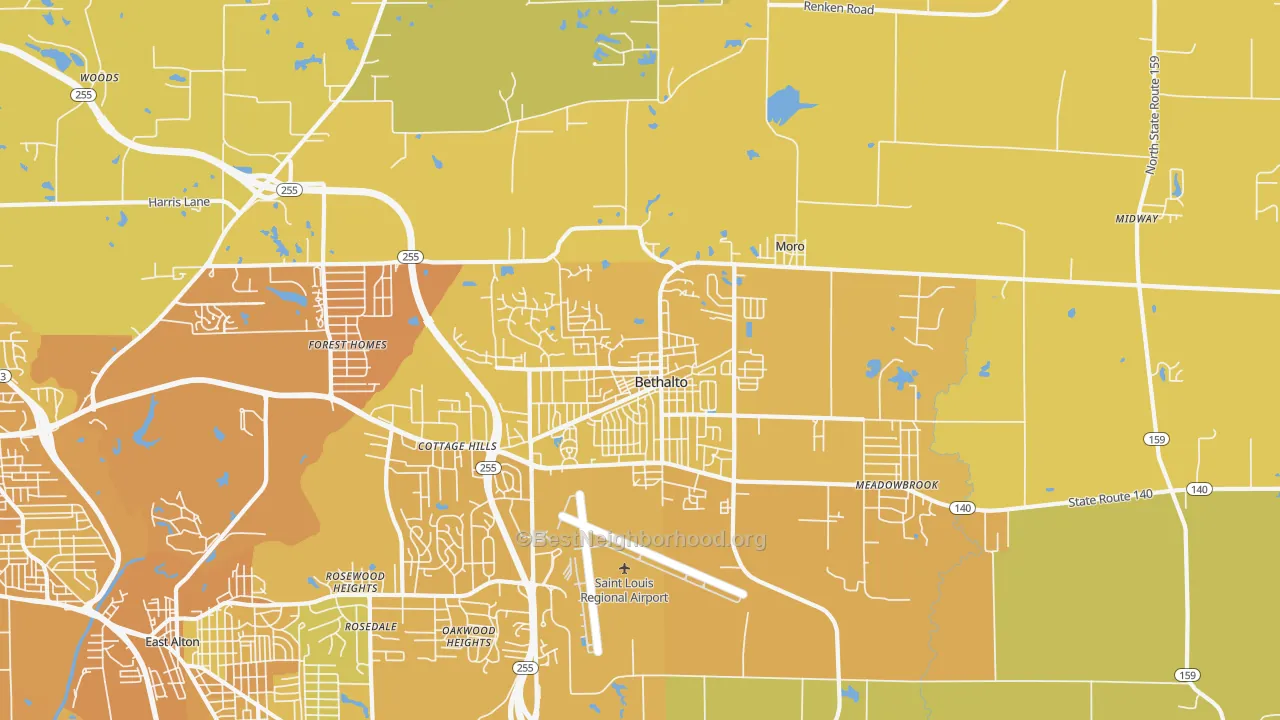Map of the best neighborhoods in the 62010 area, with better matches in green and worse matches in red