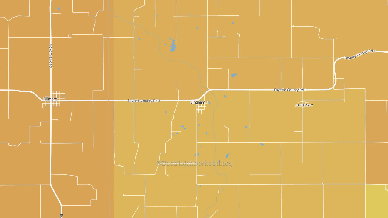 Map of the best neighborhoods in the 62011 area, with better matches in green and worse matches in red
