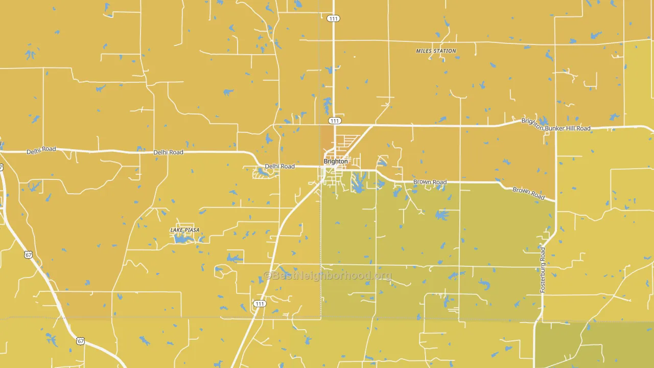Map of the best neighborhoods in the 62012 area, with better matches in green and worse matches in red