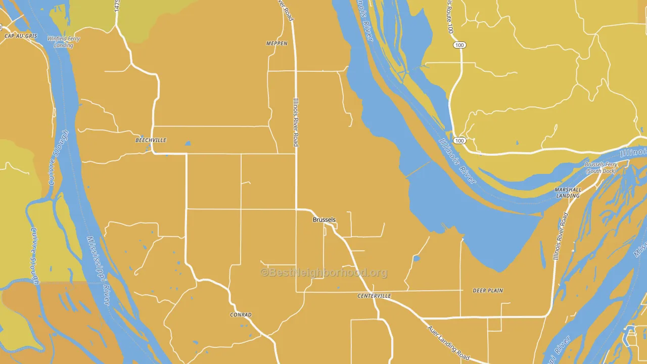 Map of the best neighborhoods in the 62013 area, with better matches in green and worse matches in red
