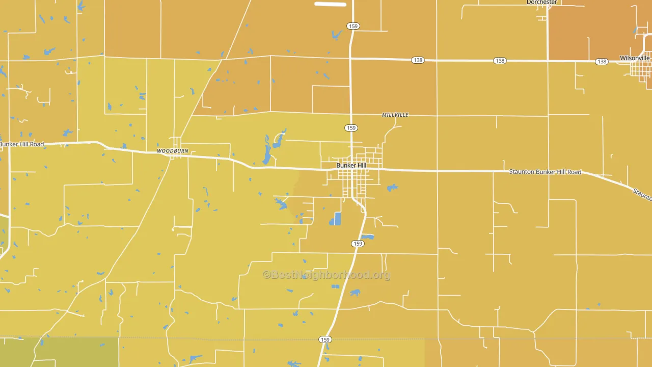 Map of the best neighborhoods in the 62014 area, with better matches in green and worse matches in red