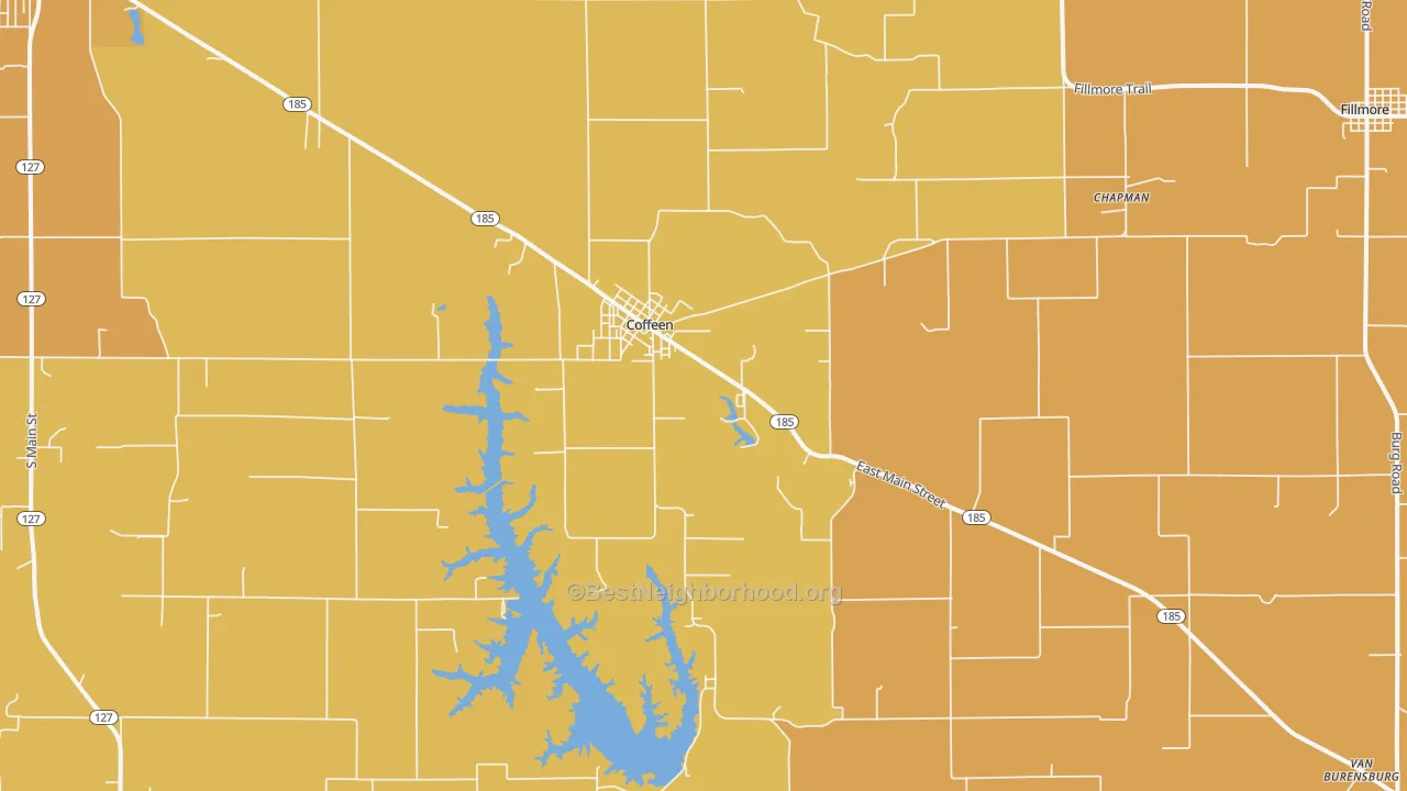 Map of the best neighborhoods in the 62017 area, with better matches in green and worse matches in red