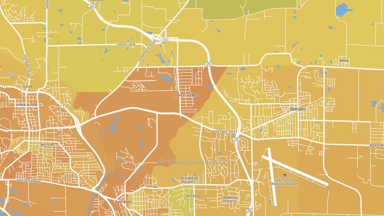 Map of the best neighborhoods in the 62018 area, with better matches in green and worse matches in red