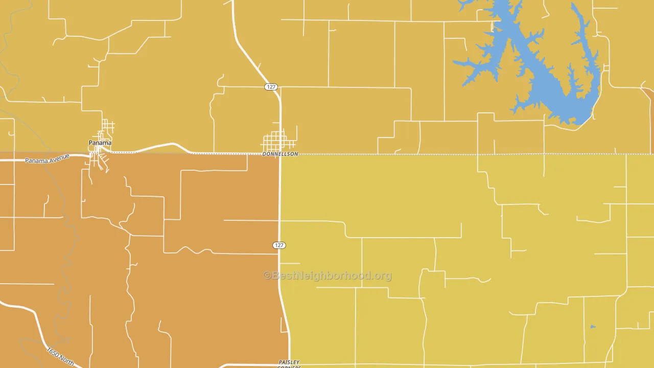 Map of the best neighborhoods in the 62019 area, with better matches in green and worse matches in red