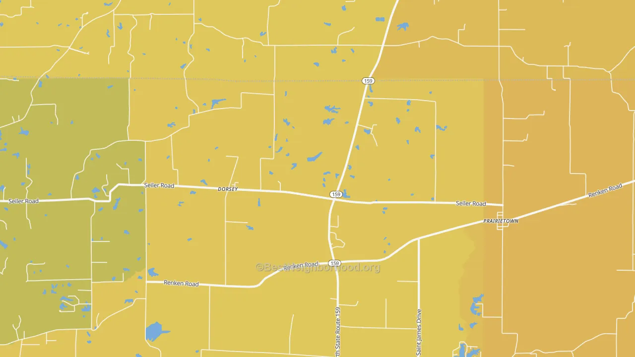 Map of the best neighborhoods in the 62021 area, with better matches in green and worse matches in red