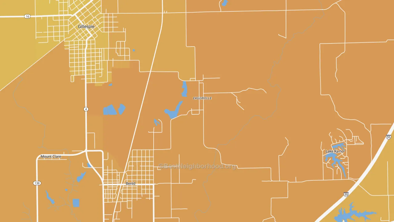 Map of the best neighborhoods in the 62023 area, with better matches in green and worse matches in red
