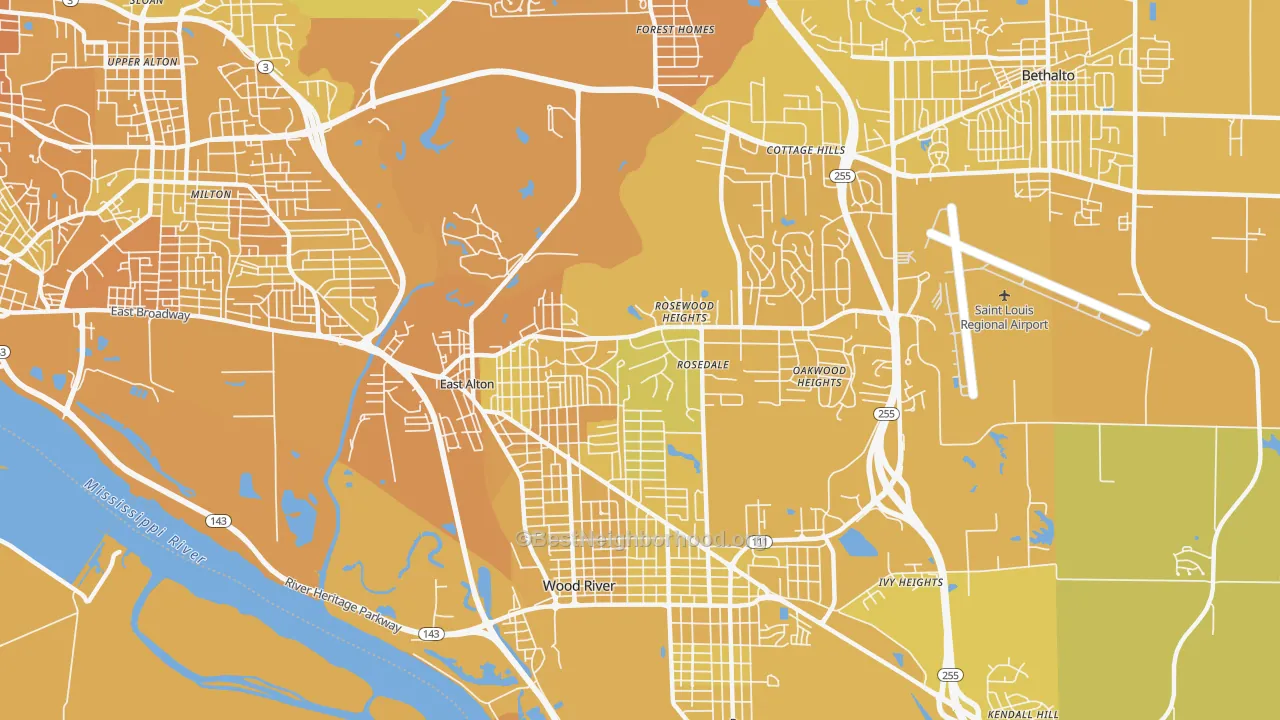 Map of the best neighborhoods in the 62024 area, with better matches in green and worse matches in red