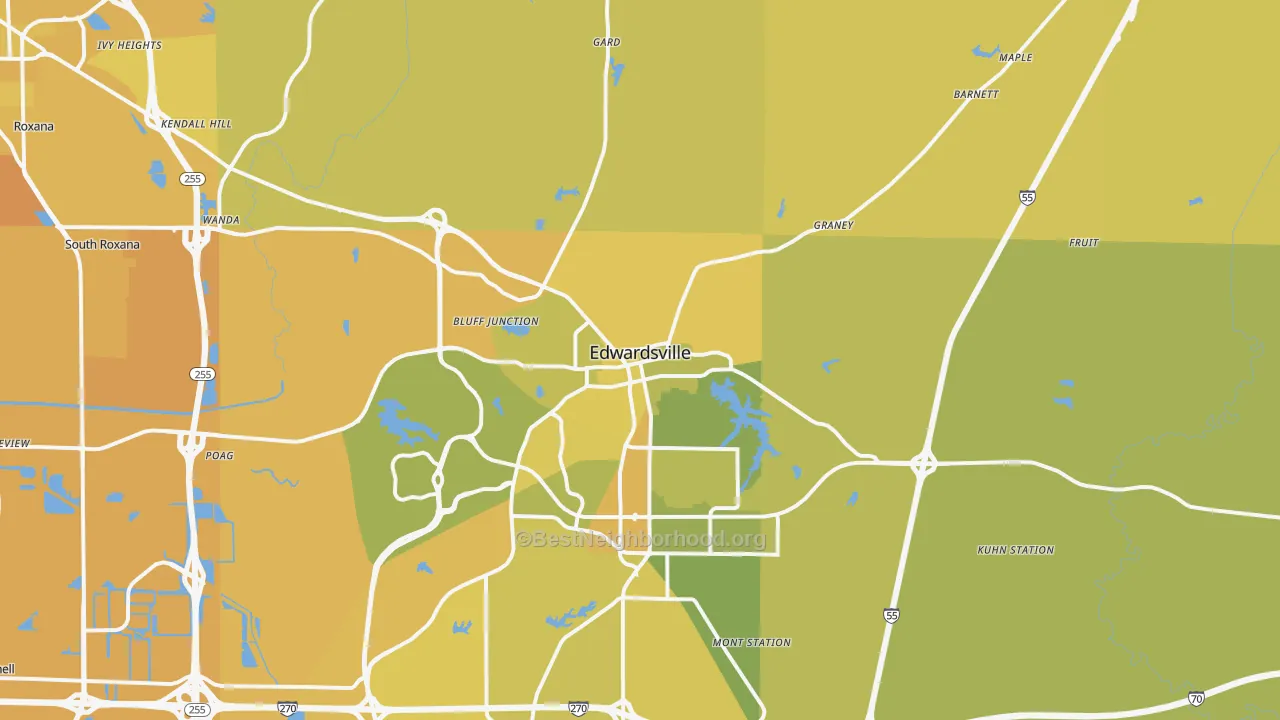 Map of the best neighborhoods in the 62025 area, with better matches in green and worse matches in red