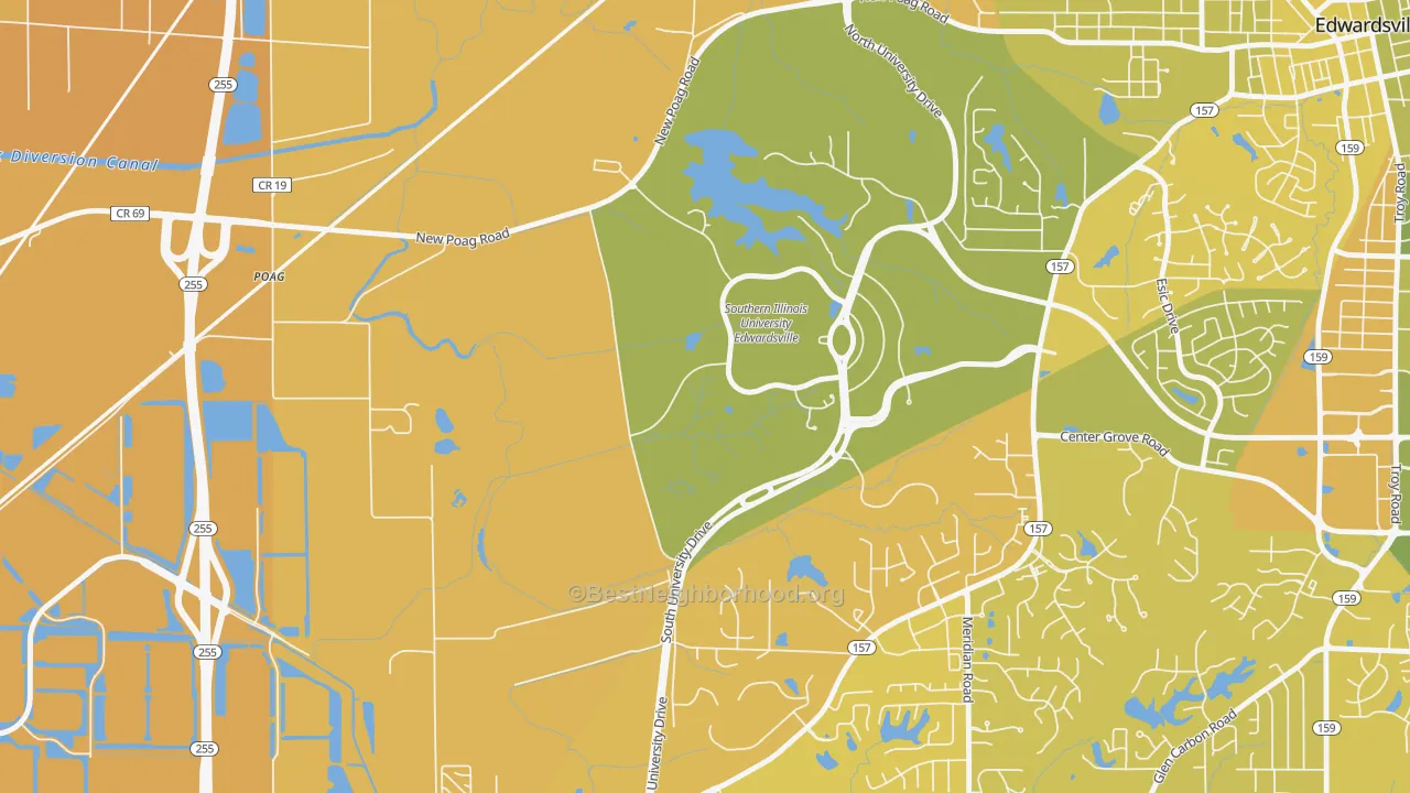 Map of the best neighborhoods in the 62026 area, with better matches in green and worse matches in red