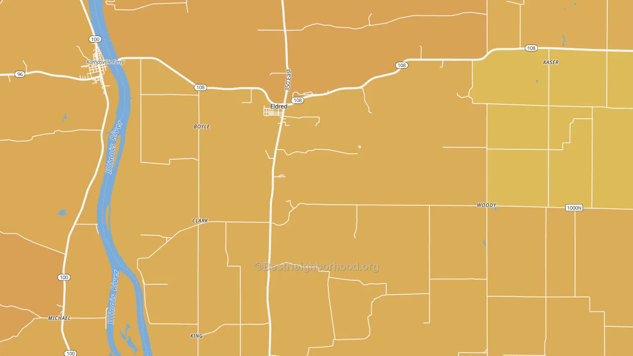 Map of the best neighborhoods in the 62027 area, with better matches in green and worse matches in red