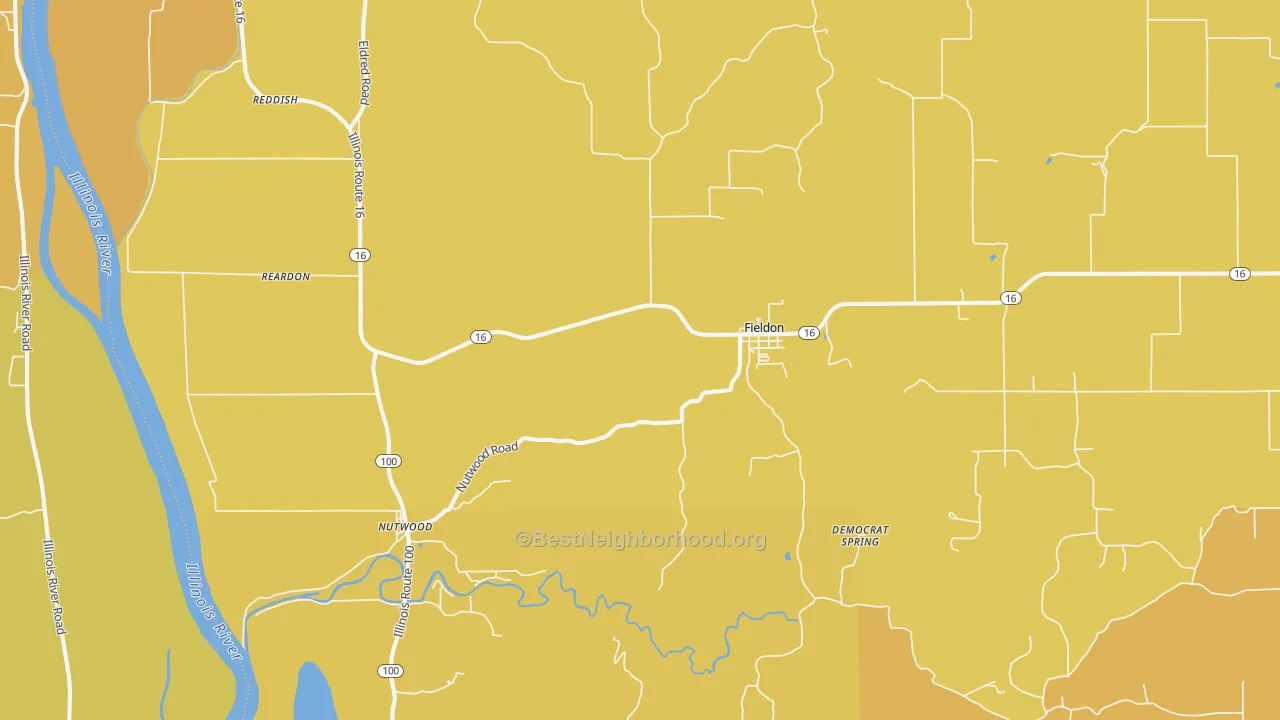 Map of the best neighborhoods in the 62031 area, with better matches in green and worse matches in red