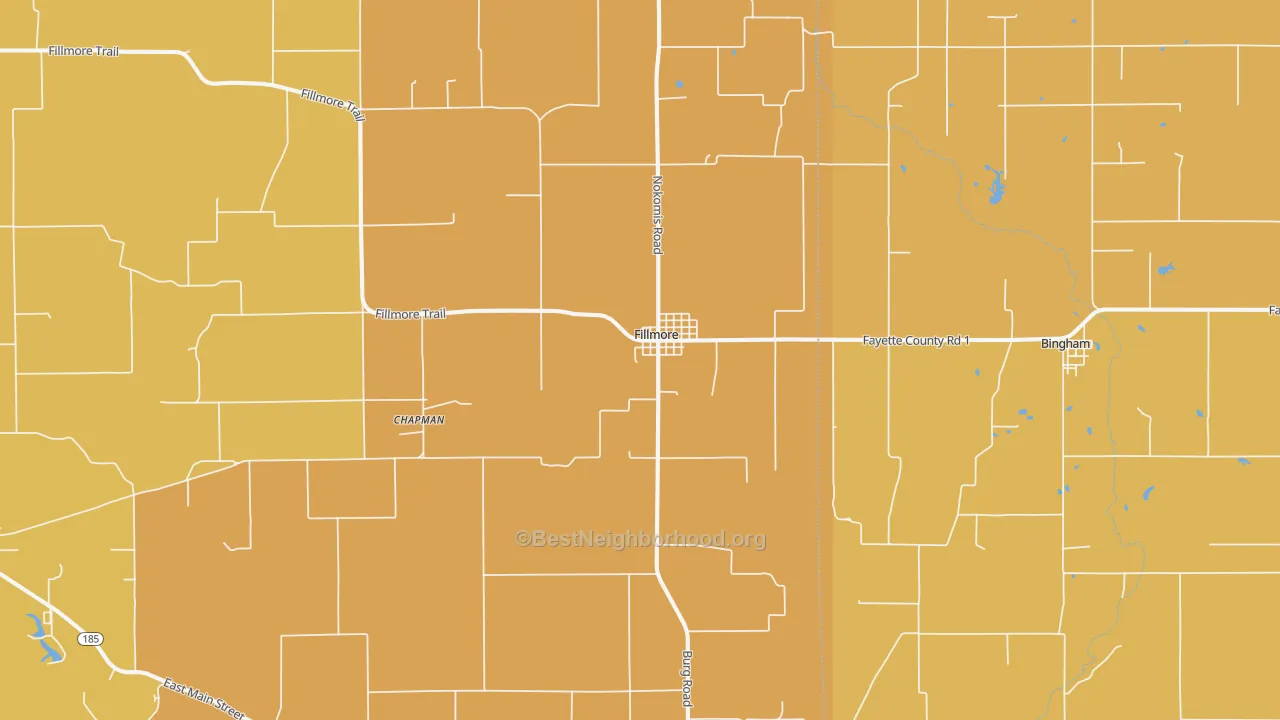 Map of the best neighborhoods in the 62032 area, with better matches in green and worse matches in red