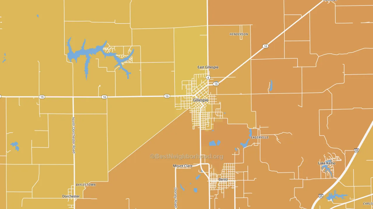 Map of the best neighborhoods in the 62033 area, with better matches in green and worse matches in red