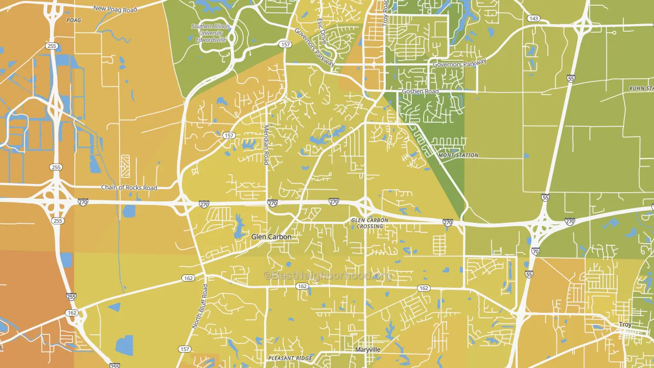 Map of the best neighborhoods in the 62034 area, with better matches in green and worse matches in red