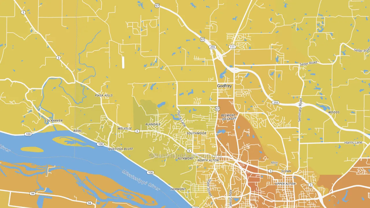 Map of the best neighborhoods in the 62035 area, with better matches in green and worse matches in red