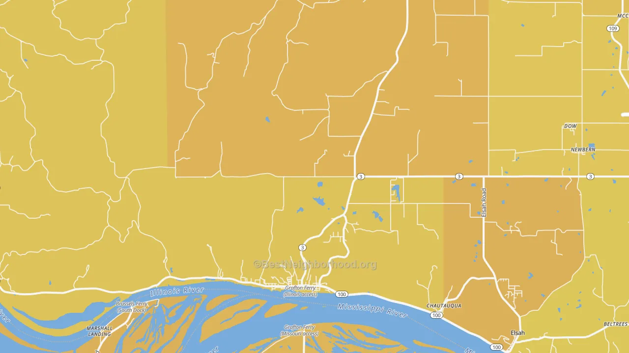 Map of the best neighborhoods in the 62037 area, with better matches in green and worse matches in red