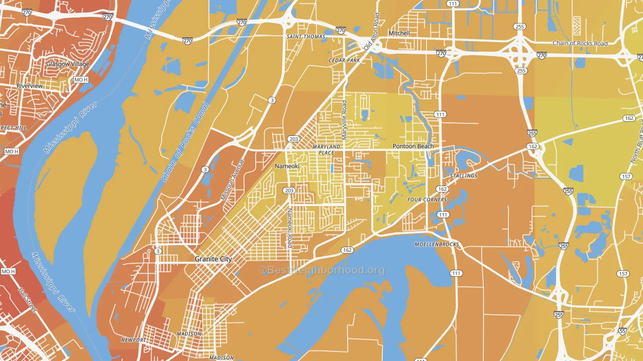 Map of the best neighborhoods in the 62040 area, with better matches in green and worse matches in red