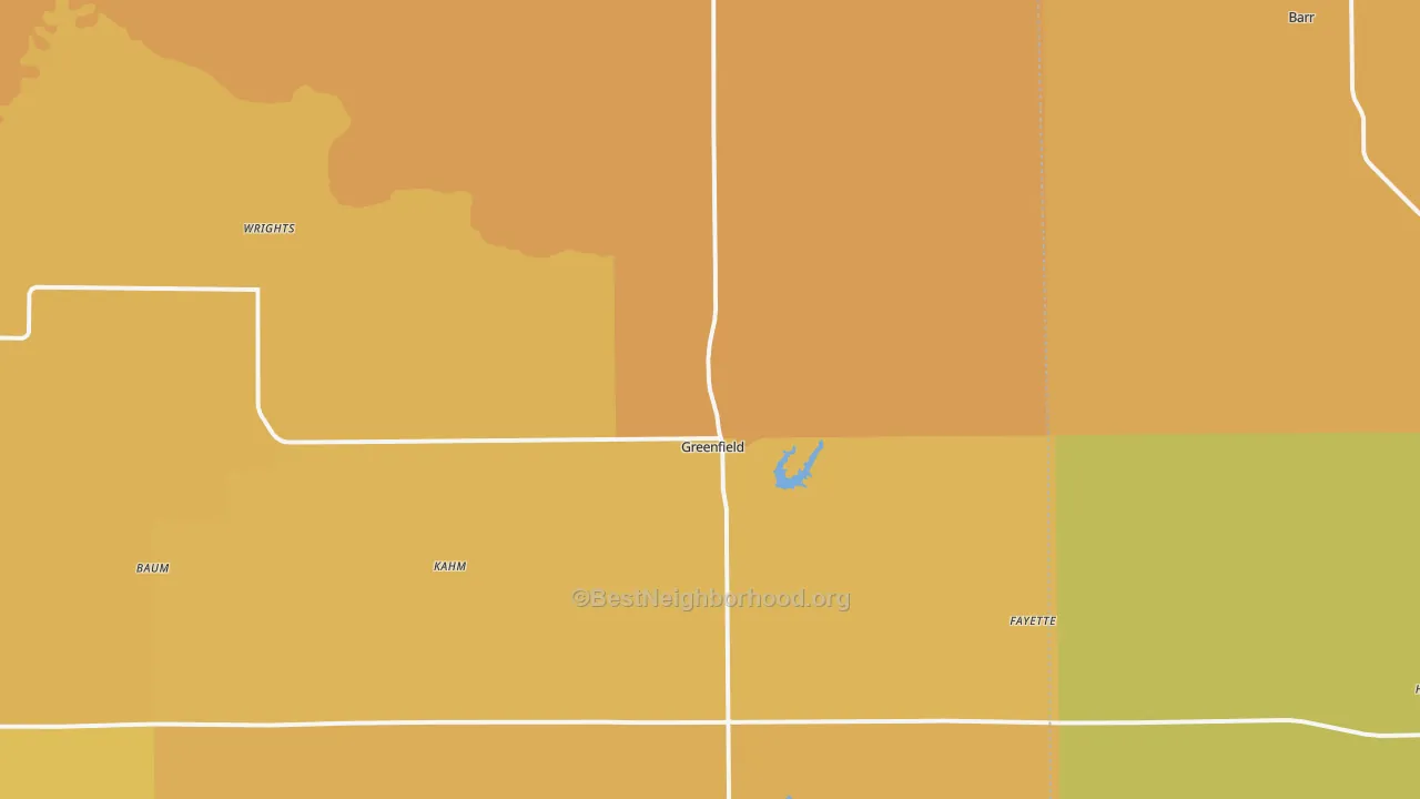 Map of the best neighborhoods in the 62044 area, with better matches in green and worse matches in red