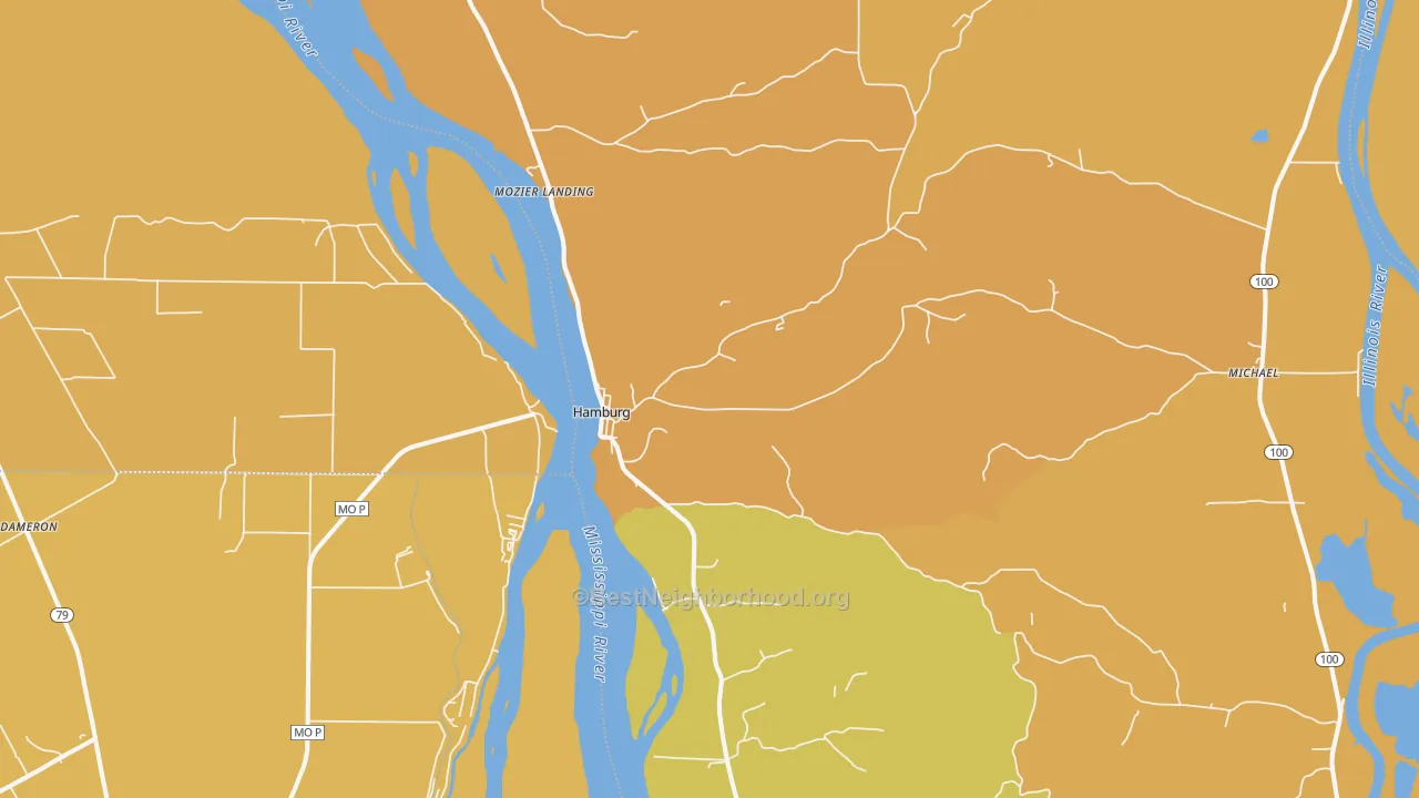 Map of the best neighborhoods in the 62045 area, with better matches in green and worse matches in red