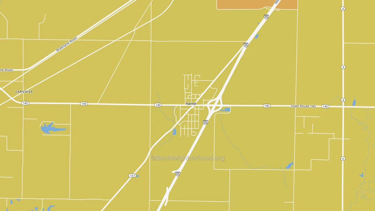 Map of the best neighborhoods in the 62046 area, with better matches in green and worse matches in red