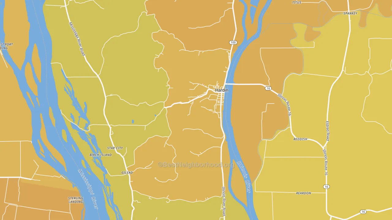 Map of the best neighborhoods in the 62047 area, with better matches in green and worse matches in red