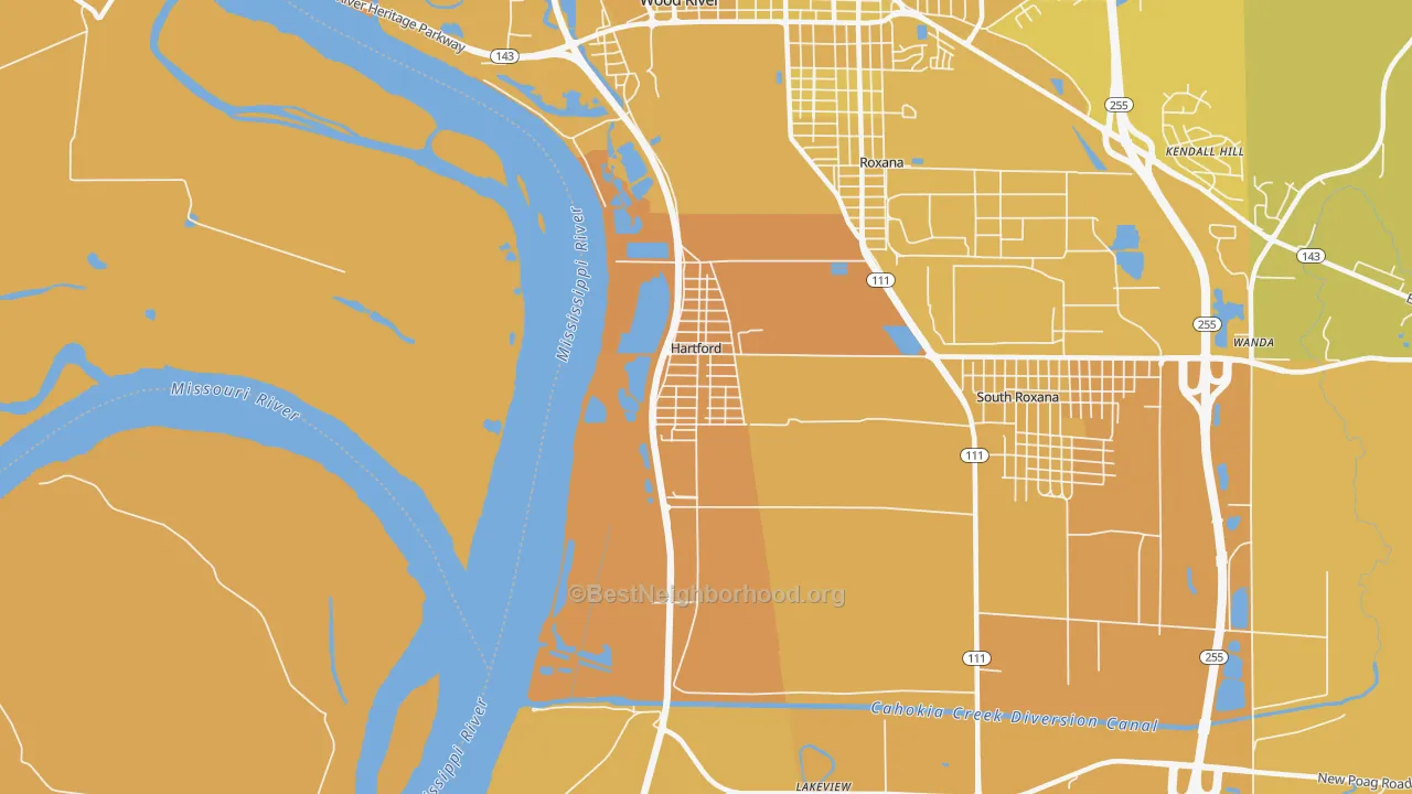 Map of the best neighborhoods in the 62048 area, with better matches in green and worse matches in red