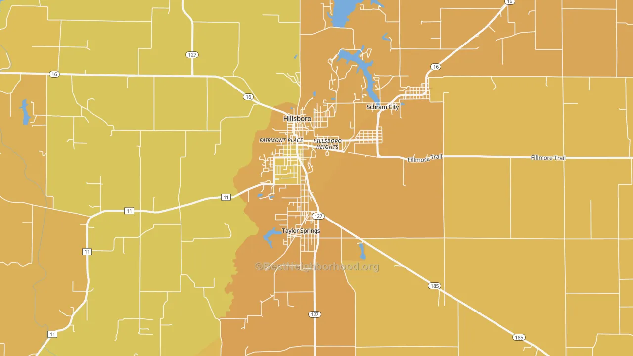 Map of the best neighborhoods in the 62049 area, with better matches in green and worse matches in red