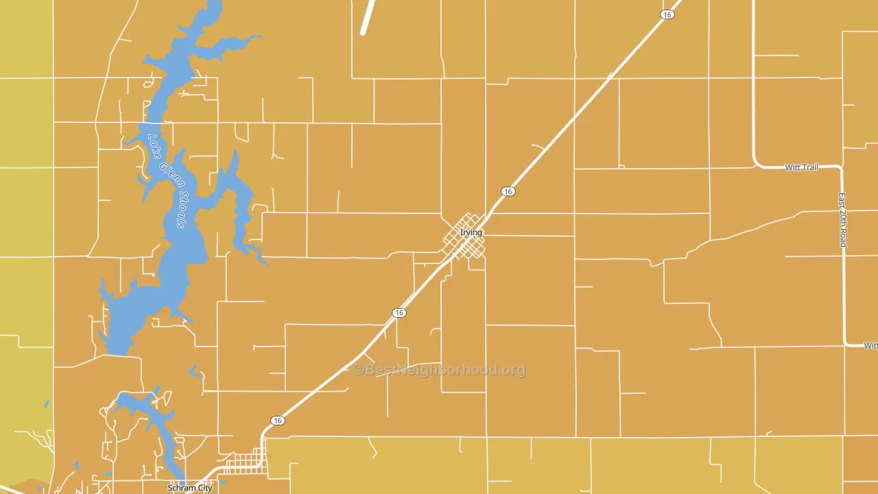 Map of the best neighborhoods in the 62051 area, with better matches in green and worse matches in red