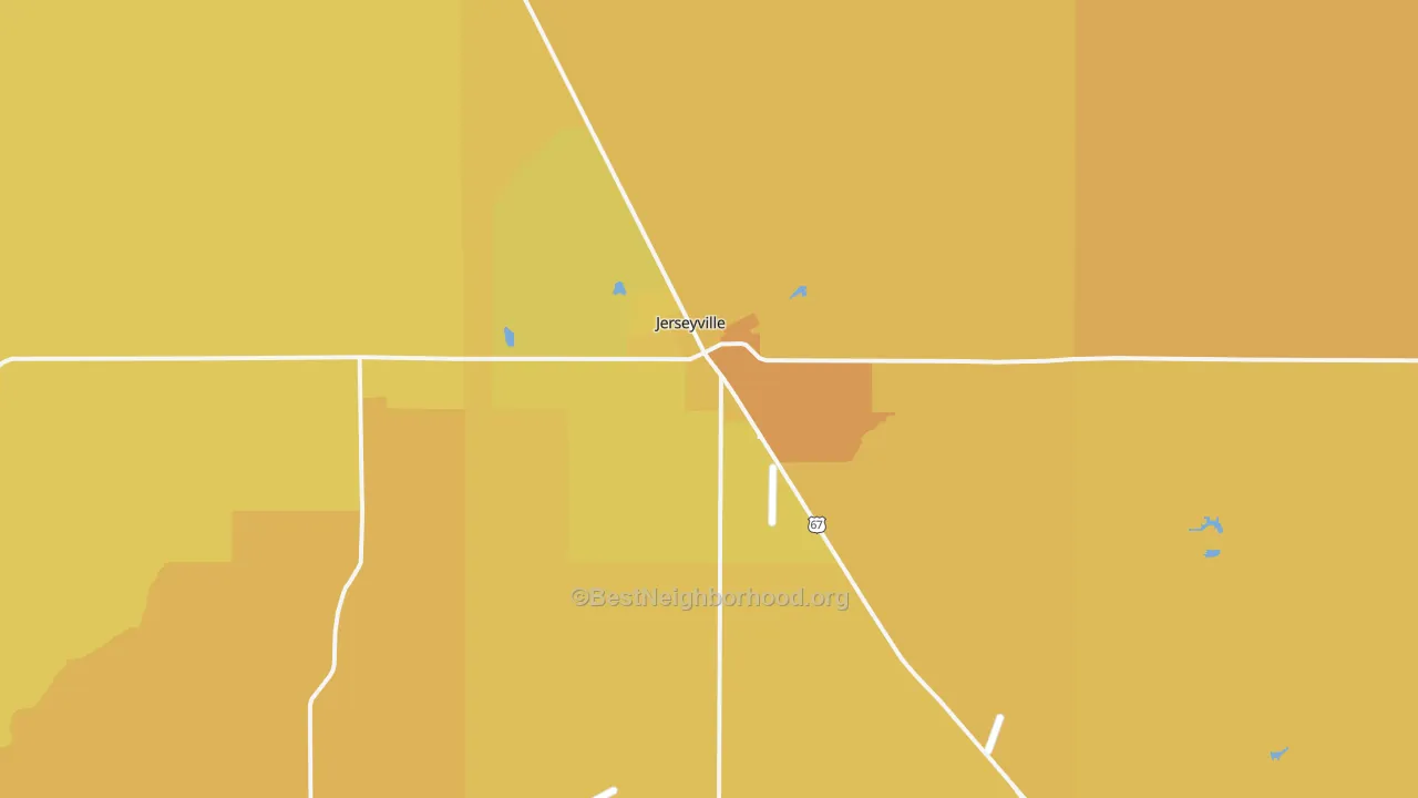 Map of the best neighborhoods in the 62052 area, with better matches in green and worse matches in red