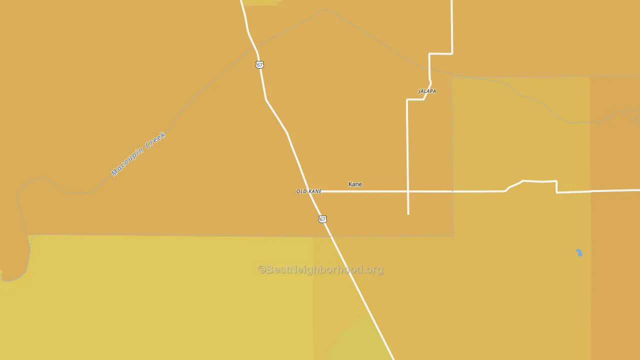 Map of the best neighborhoods in the 62054 area, with better matches in green and worse matches in red