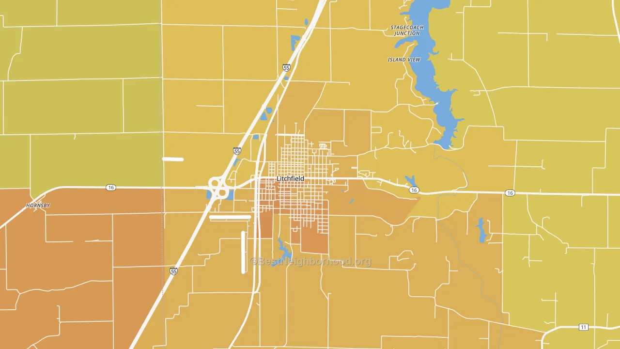Map of the best neighborhoods in the 62056 area, with better matches in green and worse matches in red