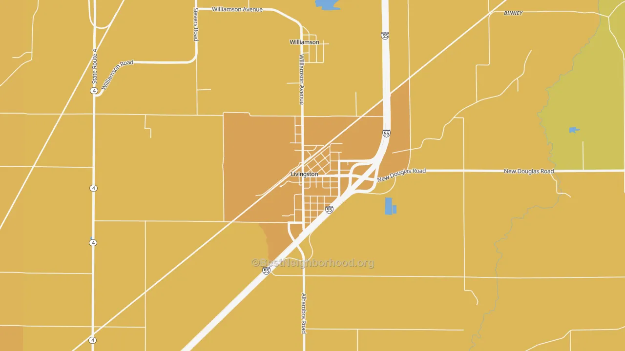 Map of the best neighborhoods in the 62058 area, with better matches in green and worse matches in red