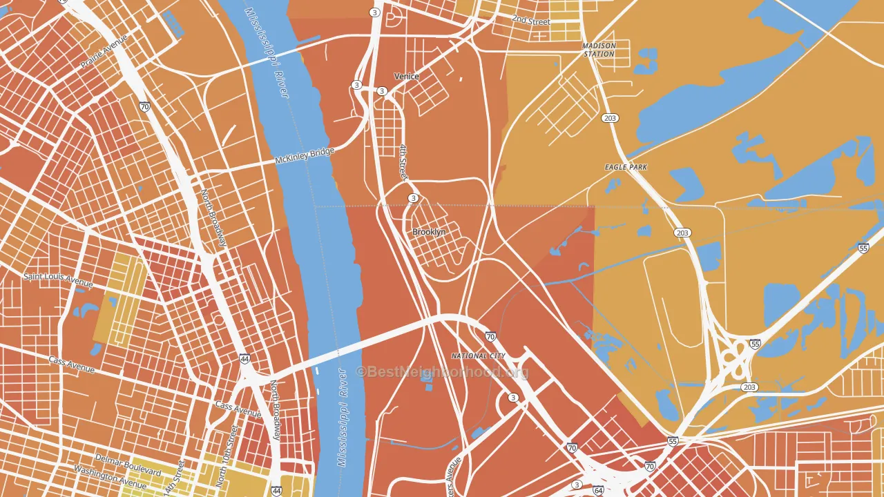 Map of the best neighborhoods in the 62059 area, with better matches in green and worse matches in red