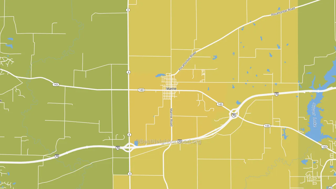 Map of the best neighborhoods in the 62061 area, with better matches in green and worse matches in red